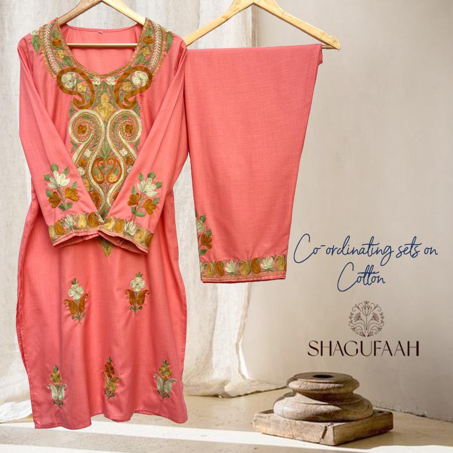 Pink Rubby Cotton Coord with Multi-Colour Aari Work