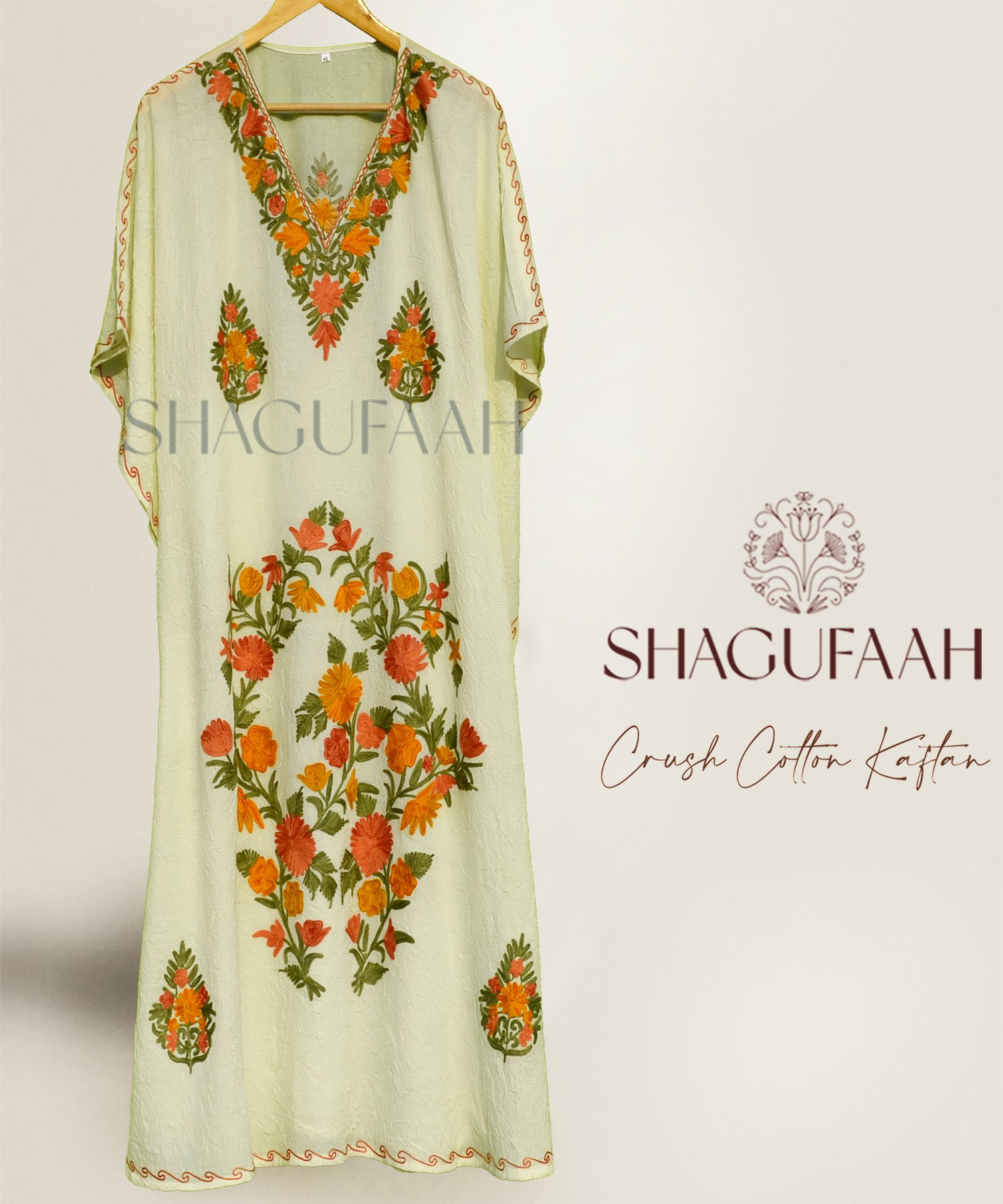 Golden Embroidery White Crush Cotton Kaftan Dress
