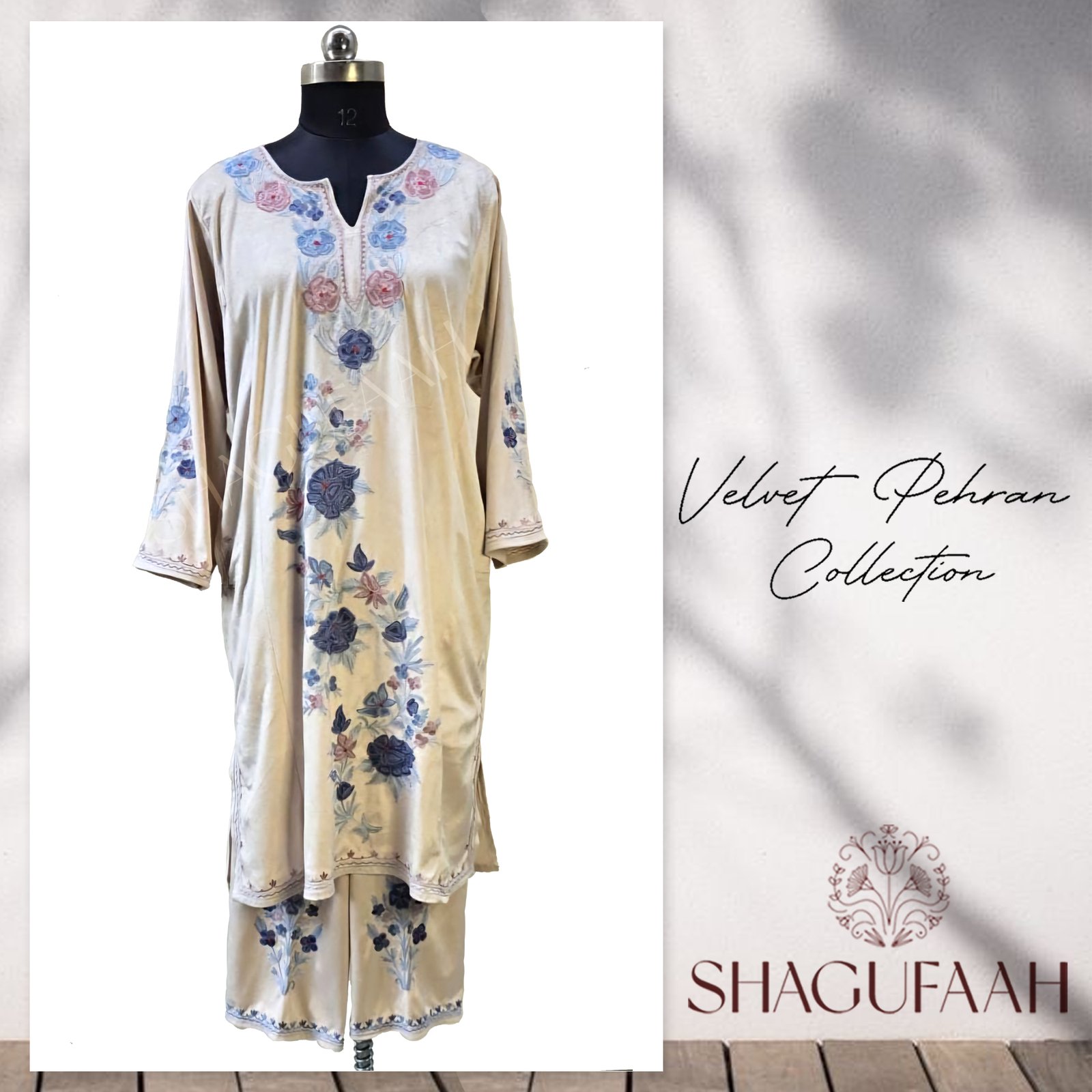 Cream Velvet Pheran Co-ords